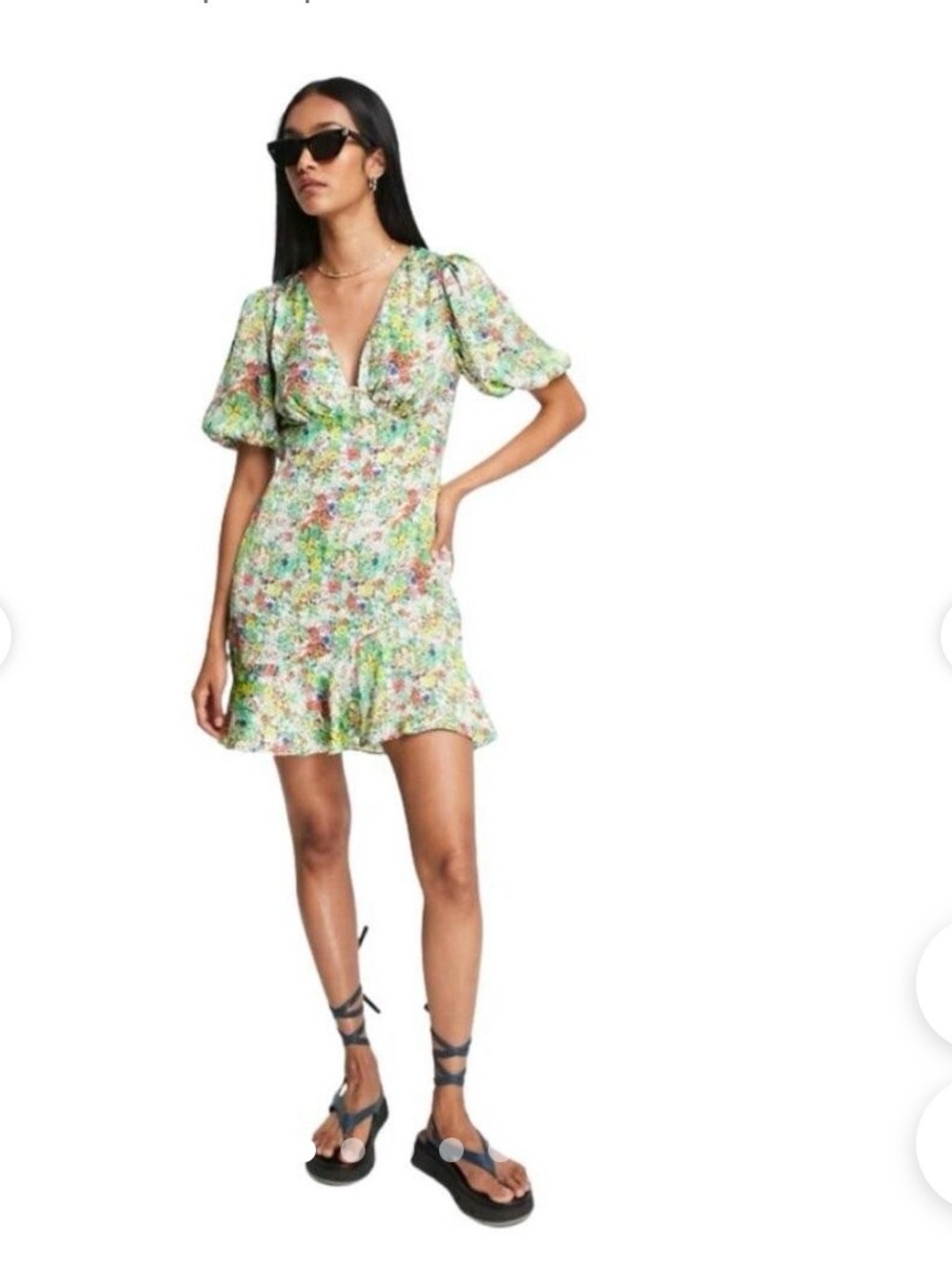 Floral V-Neck Puff Sleeve Mini Dress - Green Multi